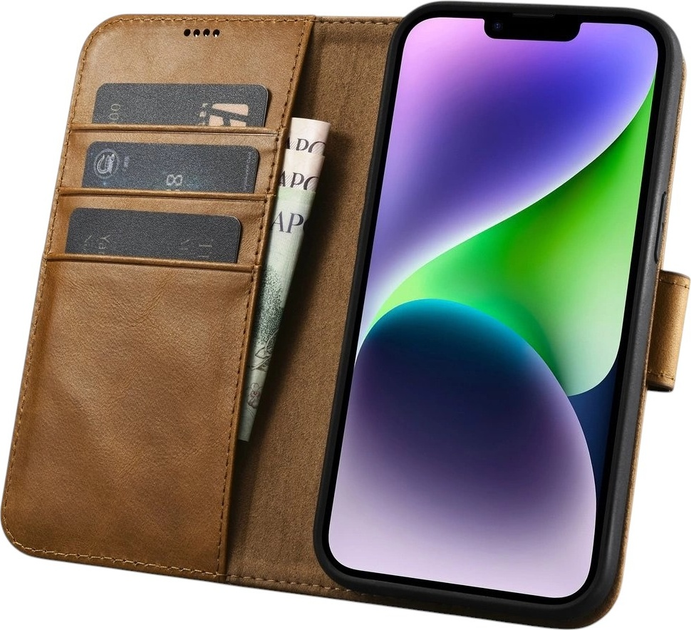 Etui z klapką iCarer Oil Wax Premium Leather 2in1 Wallet Case z RFID do Apple iPhone 14 Plus Camel Tan (WMI14220723-BN) - obraz 3