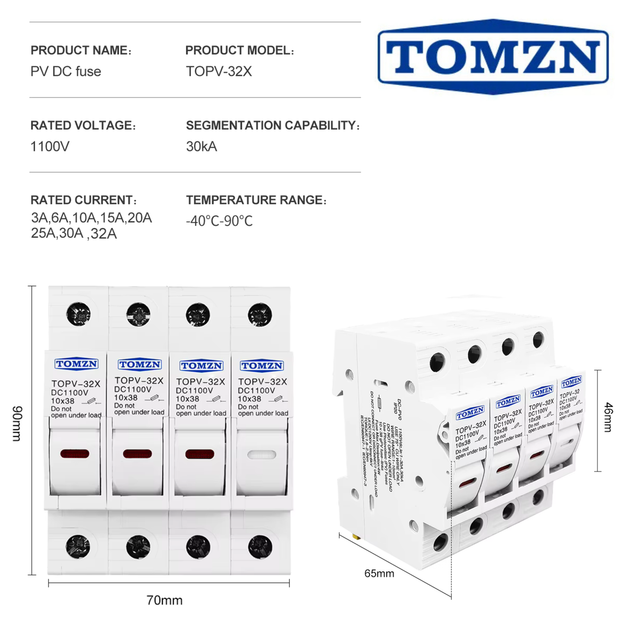 Держатель четырехполюсный плавкого предохранителя TOMZN TOPV-32 4P 1100V DC с LED-индикатором для солнечных панелей - Фото 6 Держатель четырехполюсный плавкого предохранителя TOMZN TOPV-32 4P 1100V DC с LED-индикатором для солнечных панелей - изображение 6