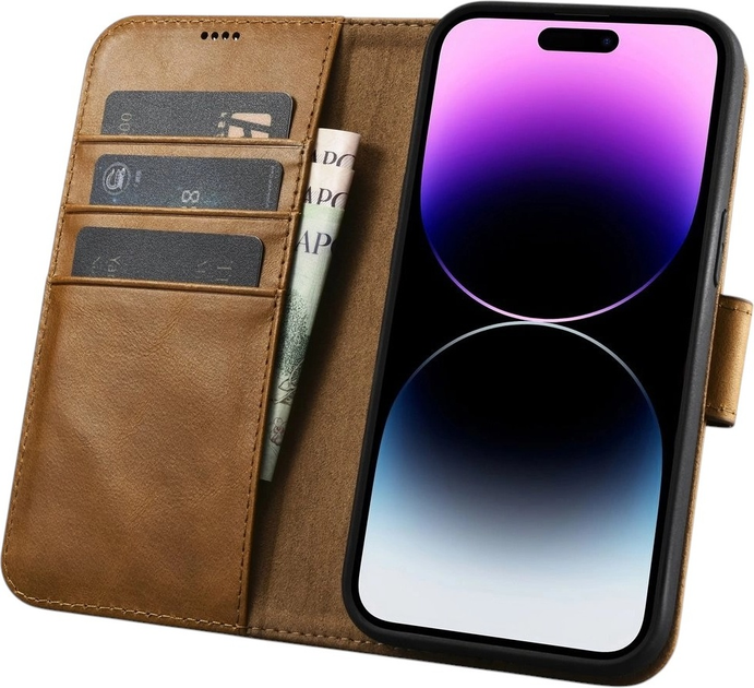 Etui z klapką iCarer Oil Wax Premium Leather 2in1 Wallet Case z RFID do Apple iPhone 14 Pro Max Camel Tan (WMI14220724-TN) - obraz 3
