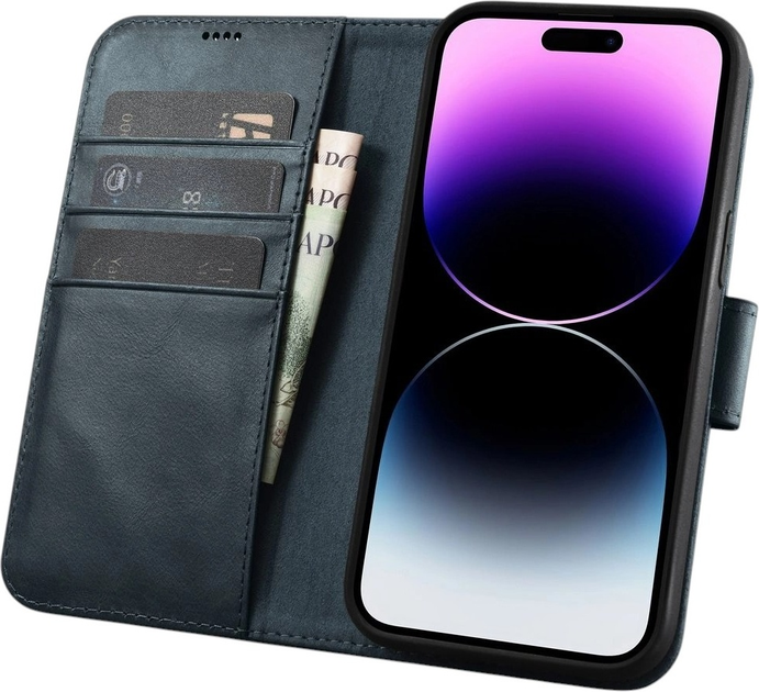 Чохол-книжка iCarer Oil Wax Premium Leather 2in1 Wallet Case з RFID для Apple iPhone 14 Pro Max Navy Blue (WMI14220724-BU) - зображення 3