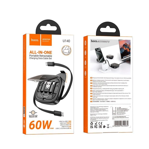 Кабель HOCO Retractable charging data cable set U140 |0,95m, PD27/60W, 3A| 4997253 - изображение 2