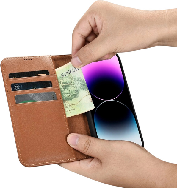 Etui z klapką iCarer Real Cowhide Premium Leather 2in1 Wallet Case z RFID do Apple iPhone 14 Pro Brown (WMI14220726-BN) - obraz 13