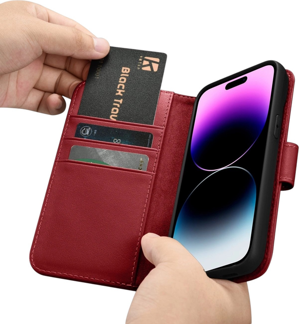 Etui z klapką iCarer Real Cowhide Premium Leather 2in1 Wallet Case z RFID do Apple iPhone 14 Pro Red (WMI14220726-RD) - obraz 16