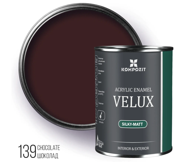 Эмаль акриловая VELUX шоколад 139, шелковисто-матовый, 0,75л - Фото 1 Эмаль акриловая VELUX шоколад 139, шелковисто-матовый, 0,75л - изображение 1