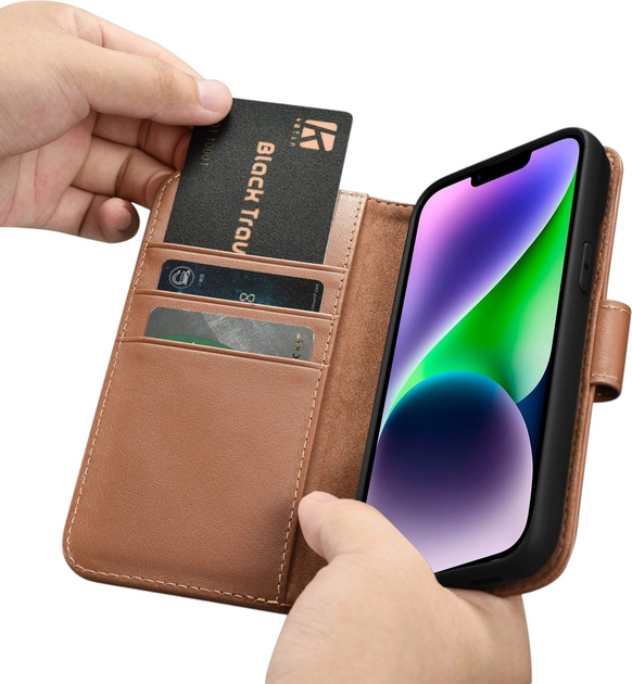 Etui z klapką iCarer Real Cowhide Premium Leather 2in1 Wallet Case z RFID do Apple iPhone 14 Brown (WMI14220725-BN) - obraz 16