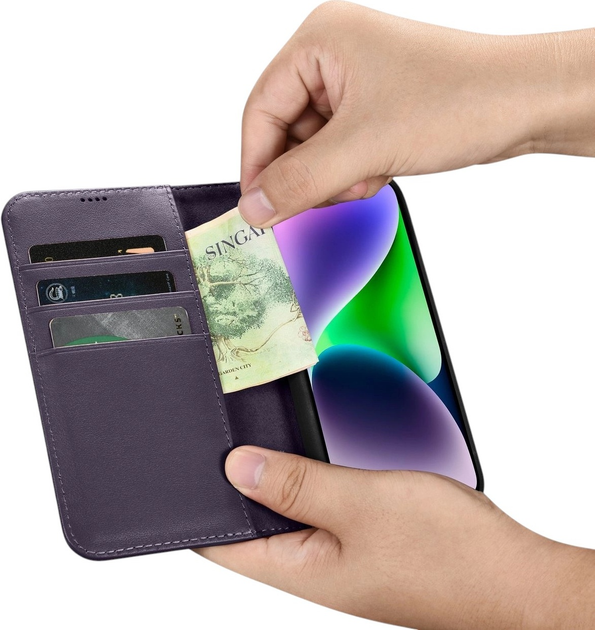 Чохол-книжка iCarer Real Cowhide Premium Leather 2in1 Wallet Case з RFID для Apple iPhone 14 Dark Purple (WMI14220725-DP) - зображення 13