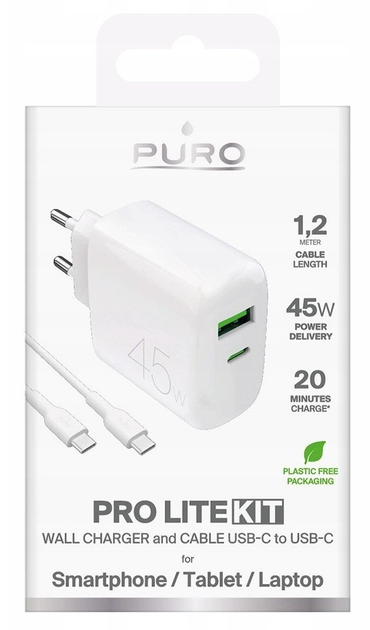 Ładowarka sieciowa Puro PROLITE Daily 45W USB-A - USB-C z kablem USB-C 1.2m White (8018417498688) - obraz 2
