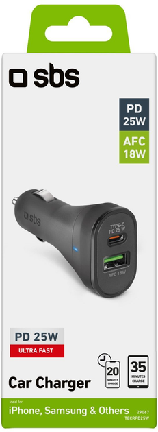 Автомобільний зарядний пристрій SBS 25W USB-A USB-C Power Delivery Black (TECRPD25W) - зображення 2
