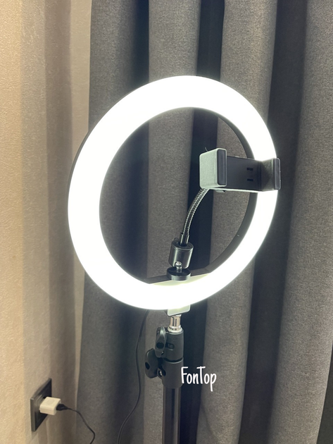 Кольцевая светодиодная LED лампа 26 см METR+ Комплект блогера на штативе 2,1м и держатель для телефона - изображение 4