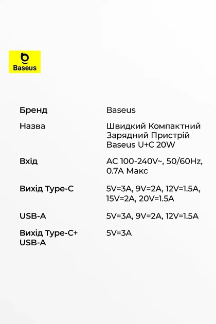Сетевое зарядное устройство Baseus Compact Quick Charger 20W QC PD 1xUSB 1xType-C Black - изображение 7
