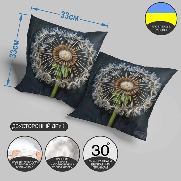 Плюшевая подушка "С одуванчиком", 33×33 см, 3D изображение / 1309533UA - изображение 3