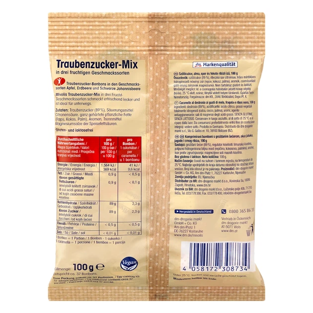 Декстрозные конфеты Mivolis Traubenzucker-Mix без сахара, 37 шт, 100 г, от DM (Германия) - Фото 2 Декстрозные конфеты Mivolis Traubenzucker-Mix без сахара, 37 шт, 100 г, от DM (Германия) - изображение 2