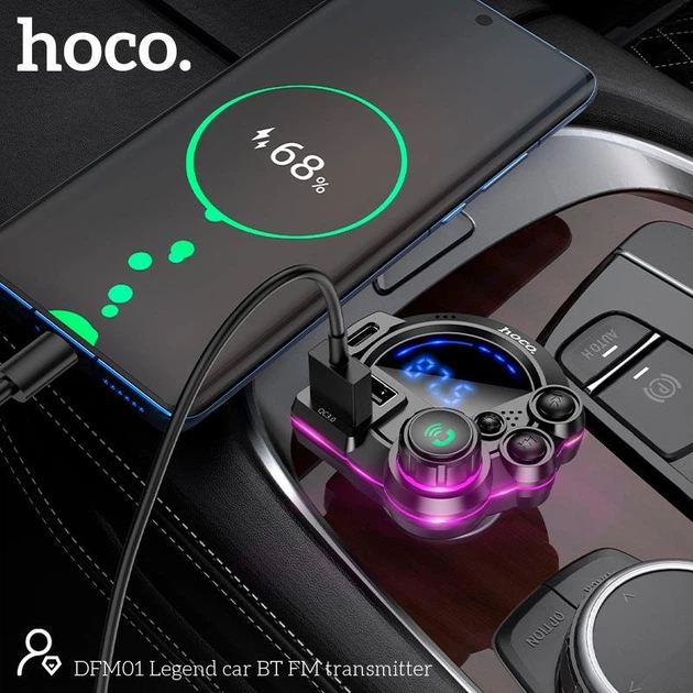 Автомобильный FM-трансмиттер модулятор и зарядный адаптер Hoco DFM01 Legend |Bluetooth 5.0, 2USB/Type-C, 38W/3A, TF, поддержка быстрой зарядки PD/QC, LED-дисплей, RGB-подсветка, универсальная совместимость| Черный - изображение 3
