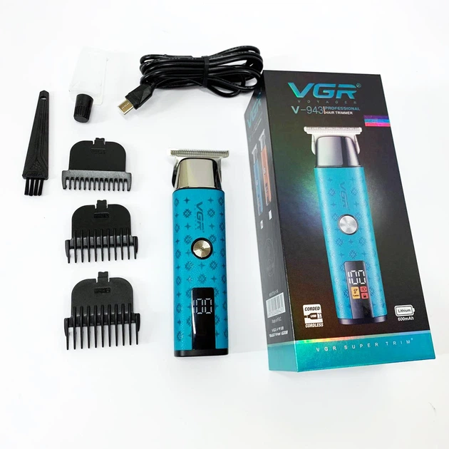 Тример VGR V-943 BLUE акумуляторний, машинка для стрижки бороди і вусів, 3 насадки, LED дисплей, Li-Ion 2000 мАг, до 150 хв роботи, керамічні леза, роторний двигун, чоловічий тример блакитний для дому та барбера - изображение 3