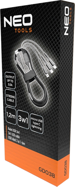 Кабель NEO Tools GD038 3 в 1 USB-A - Lightning + USB-C + micro USB 1.2 м (5907558475043) - зображення 7