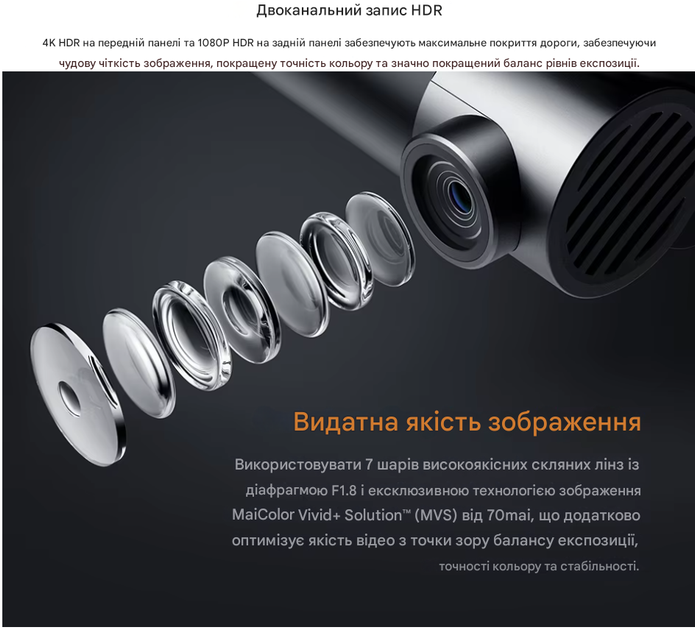 Автомобільний відеореєстратор 70mai Dash Cam 4K A810 4K UHD GPS Wi-Fi ADAS HDR - изображение 12