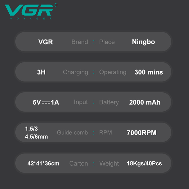 Триммер аккумуляторный для стрижки волос VGR V-996 YELLOW, 4 насадки, LED дисплей - изображение 3