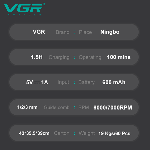 Триммер аккумуляторный для стрижки волос VGR V-964 GREEN, 7000 RPM, 4 насадки, LED дисплей - изображение 2