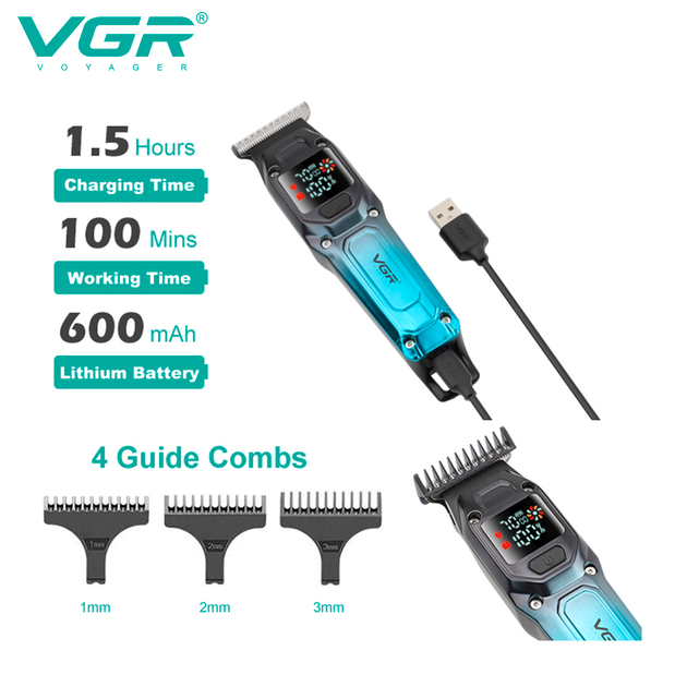 Триммер аккумуляторный для стрижки волос VGR V-964 GREEN, 7000 RPM, 4 насадки, LED дисплей - изображение 3