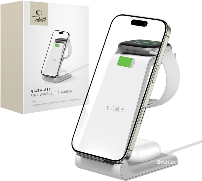 Stacja ładująca Tech-Protect Qi15W-A36 3-in-1 Wireless Charger White (5906302372157) - obraz 5