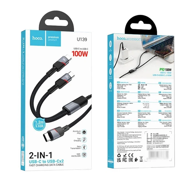 Кабель швидкої зарядки 2в1 Hoco U139 PD 100W Передача даних Type-C на Type-C х 2 1.2м Black - Фото 6 Кабель швидкої зарядки 2в1 Hoco U139 PD 100W Передача даних Type-C на Type-C х 2 1.2м Black - зображення 6