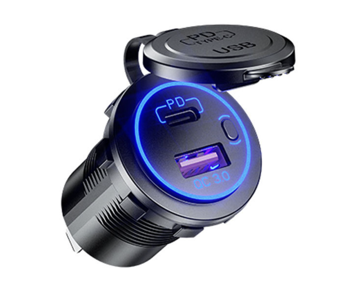 Врезная USB розетка в авто QC 3.0 USB + PD Type-C 12В-24В СИНЯЯ - изображение 2
