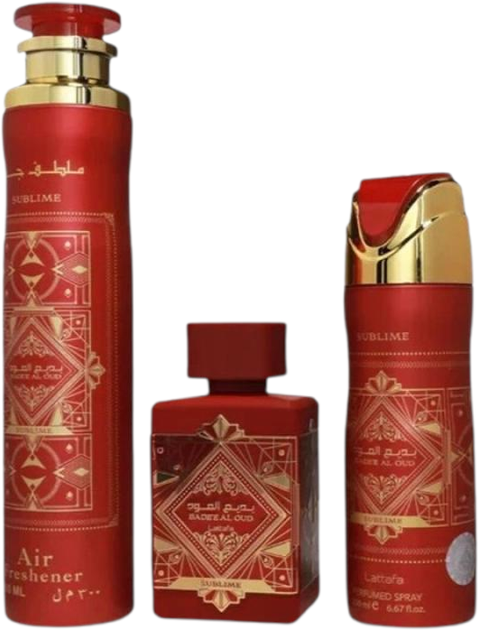 Набір унісекс Lattafa Bade'e Al Oud Sublime Парфумована вода 100 мл + Парфумований спрей 200 мл + Освіжувач повітря 300 мл (6290362341222) - зображення 1