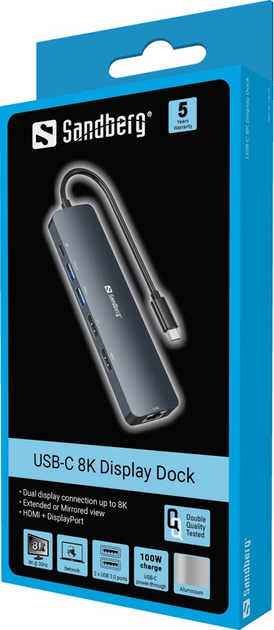 USB-хаб Sandberg 136-43 USB-C 6-in-1 PD 100W 8K DisplayDock (5705730136436) - зображення 7