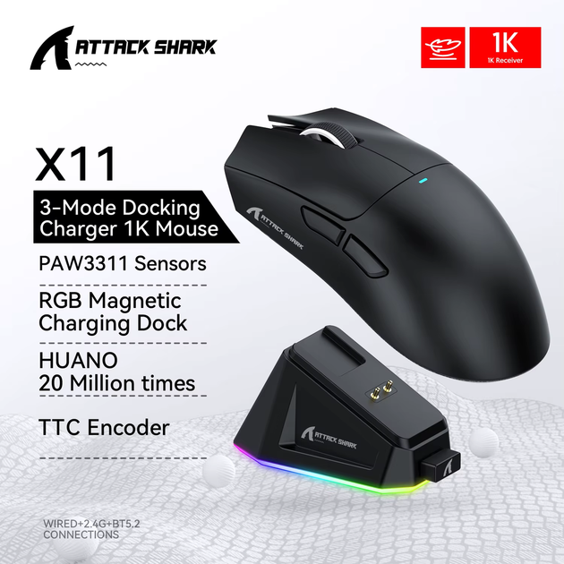 Мышь беспроводная игровая Attack Shark X11 Black/Черная c док станцией - изображение 2