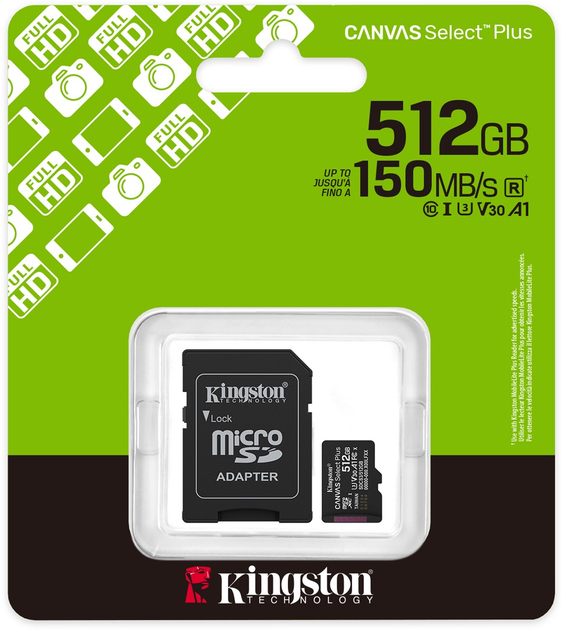 Карта пам'яті Kingston Canvas Select Plus Gen3 microSDXC 512GB Class 10 UHS-I U3 V30 A1 + SD-adapter (SDCS3/512GB) - зображення 7