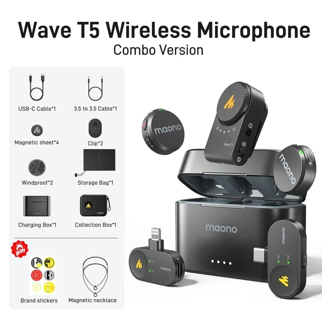 Петличный микрофон Maono Wave T5 COMBO для камеры, для смартфона Type-C, Lightning (Android и iPhone) - изображение 2