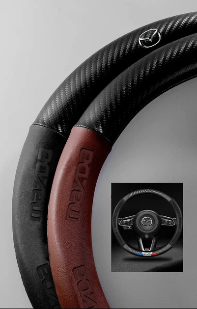 Кожаный чехол на руль Mazda Sport Brend (37-39см),черный с вставкой с углеволокна - изображение 3