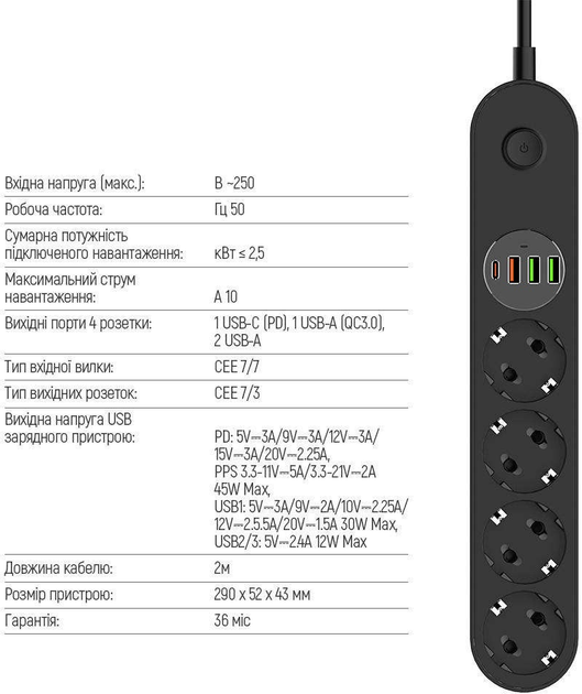 Przedłużacz listwy zasilającej ColorWay 4 gniazda/4 USB (typ C PD20W + 3 USB QC3.0) (45 W) 2 m czarny (CW-CHE44PDB) - obraz 7