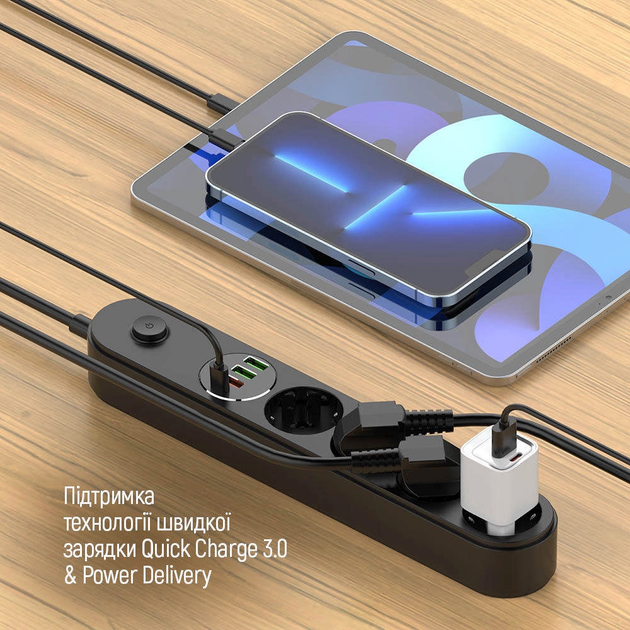Przedłużacz listwy zasilającej ColorWay 4 gniazda/4 USB (typ C PD20W + 3 USB QC3.0) (45 W) 2 m czarny (CW-CHE44PDB) - obraz 10
