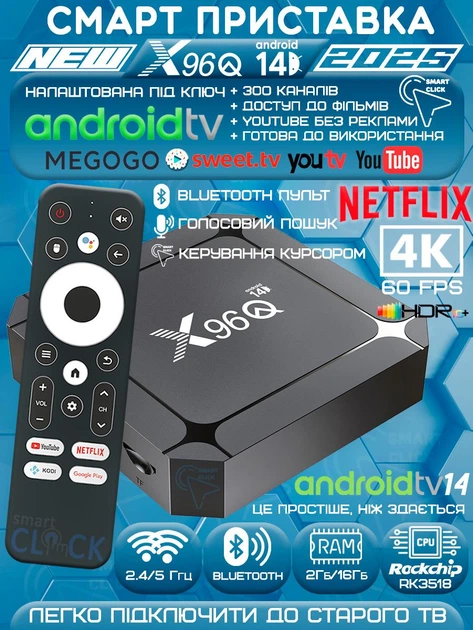 Смарт ТВ-приставка X96Q 2/16Гб Android TV 14 Rockchip RK3518