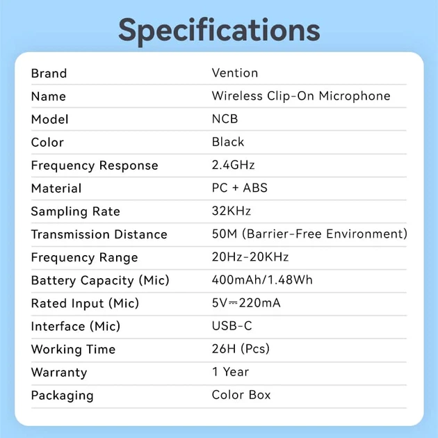 Мікрофон бездротовий, петличний Vention, подвійний, USB Type-C 2-Pack Wireless Lavalier Black (NCBB0) - изображение 8