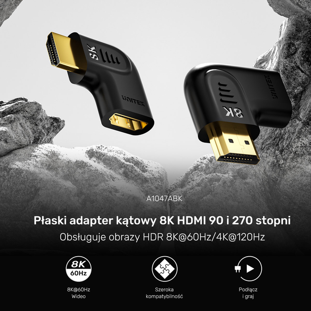 Adapter Unitek 8K HDMI 90 and 270 Degree Vertical Flat Black (A1047ABK03) - obraz 3