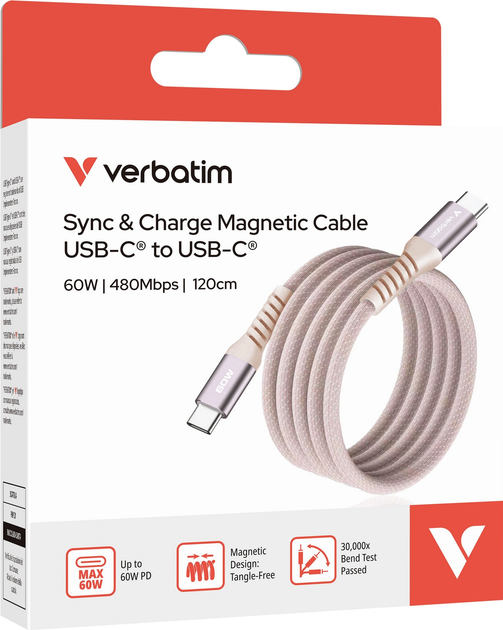 Кабель Verbatim Sync & Charge Magnetic 60W USB-C - USB-C 1.2 м Pink (0023942318538) - зображення 4