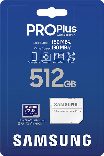 Карта памяти Samsung PRO Plus microSDXC 512GB UHS-I U3 V30 + SD-адаптер (MB-MD512SA/EU) - Фото 10 Карта памяти Samsung PRO Plus microSDXC 512GB UHS-I U3 V30 + SD-адаптер (MB-MD512SA/EU) - изображение 10