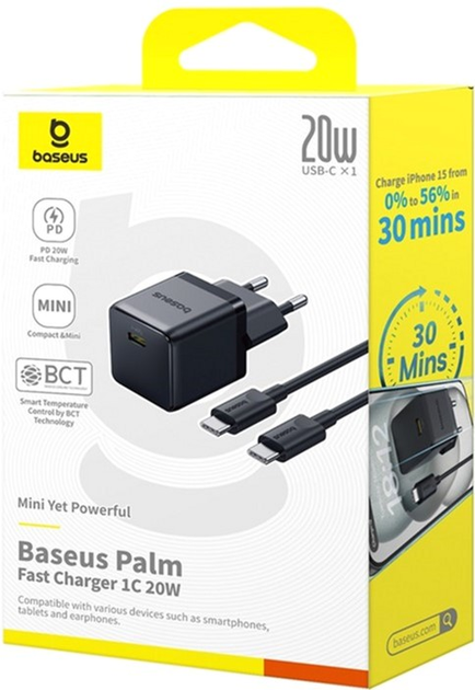 Ładowarka sieciowa Baseus Palm Fast Charger 1C 20W EU with Baseus Mini White Cable USB-C to USB-C 60W (20V/3A) 1 m Cluster Black (P10111602113-01) - obraz 6
