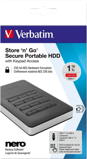 Dysk twardy Verbatim Store n Go 1TB 5400rpm 8MB 53401 2.5 USB 3.1 Secure Portable AES 256 Keypad Access Black (0023942534013) - obraz 5
