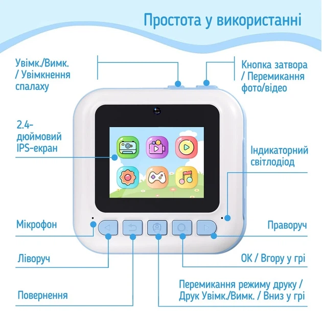 Детский фотоаппарат мгновенной печати ColorWay с видеосъемкой и играми Blue (CW-PHP01B) - изображение 8