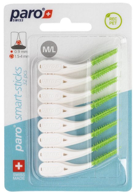 Zestaw szczoteczek międzyzębowych Paro Swiss Smart-sticks M/L o średnicy 1.5/3.8 mm 32 szt. (7610458010662) - obraz 1
