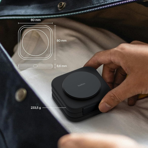 Індукційний зарядний пристрій Belkin BoostCharge Pro Travel Pad 3in1 Qi2 15W Black (WIZ024VFBK) - зображення 11