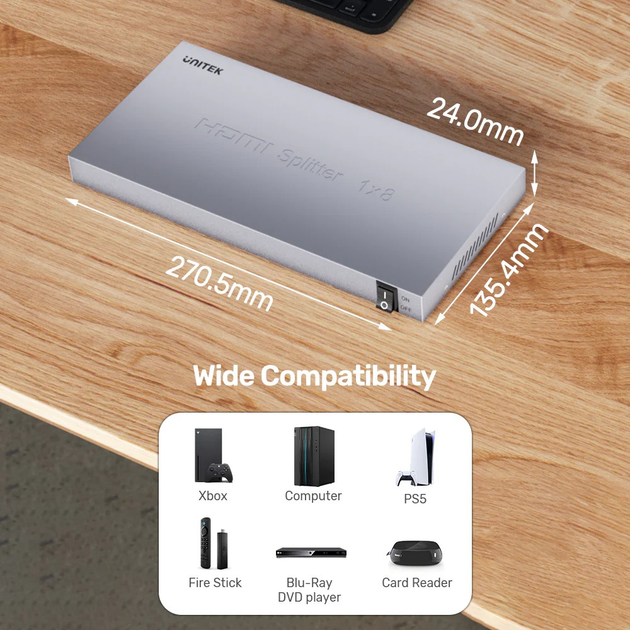 Przełącznik signału Unitek HDMI 1 IN-8 Out 4K Space Grey (V1132A01-EU) - obraz 3