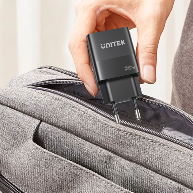 Мережевий зарядний пристрій Unitek USB-A + USB-C 20W Black (P1124ABK01-EU) - зображення 3