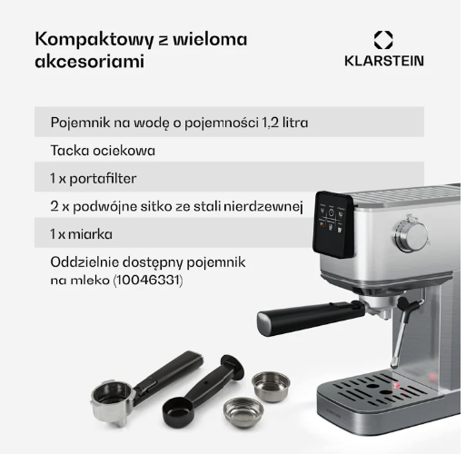 Кофемашина Klarstein SteelPresso Slim 1350 Вт, 20 бар, с сенсорным экраном, капучинатором и функцией эспрессо - изображение 7