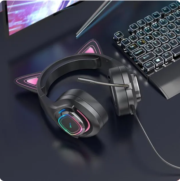 Ігрові дротові навушники Hoco W107 Cute Cat Ear, USB, 3.5mm, 2m, Black-Pink - Фото 7 Ігрові дротові навушники Hoco W107 Cute Cat Ear, USB, 3.5mm, 2m, Black-Pink - зображення 7