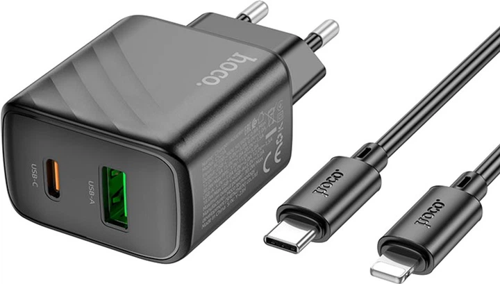 Мережевий зарядний пристрій з кабелем Hoco CS23A Sunlight dual-port PD30W+QC3.0 charger set (C to iP) (EU) Black (6942007609951) - Фото 4 Мережевий зарядний пристрій з кабелем Hoco CS23A Sunlight dual-port PD30W+QC3.0 charger set (C to iP) (EU) Black (6942007609951) - зображення 4
