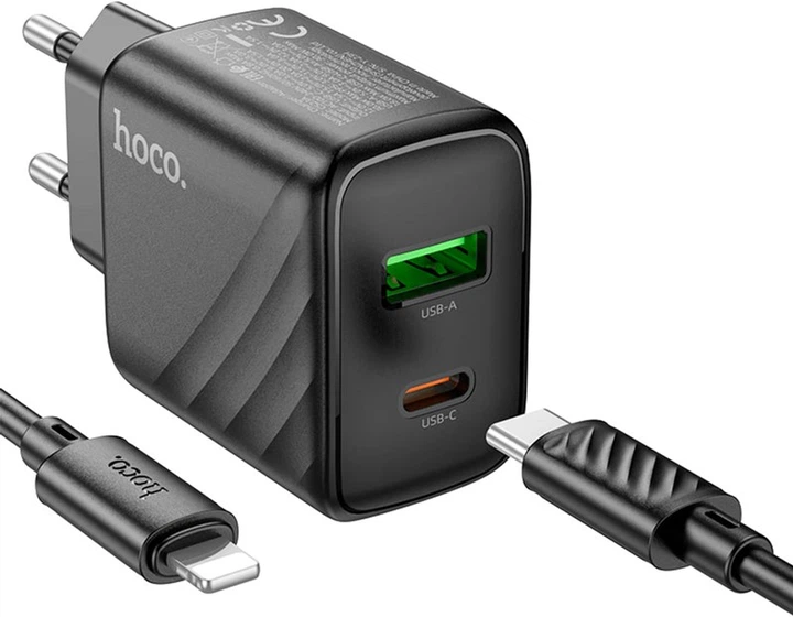 Мережевий зарядний пристрій з кабелем Hoco CS23A Sunlight dual-port PD30W+QC3.0 charger set (C to iP) (EU) Black (6942007609951) - Фото 5 Мережевий зарядний пристрій з кабелем Hoco CS23A Sunlight dual-port PD30W+QC3.0 charger set (C to iP) (EU) Black (6942007609951) - зображення 5